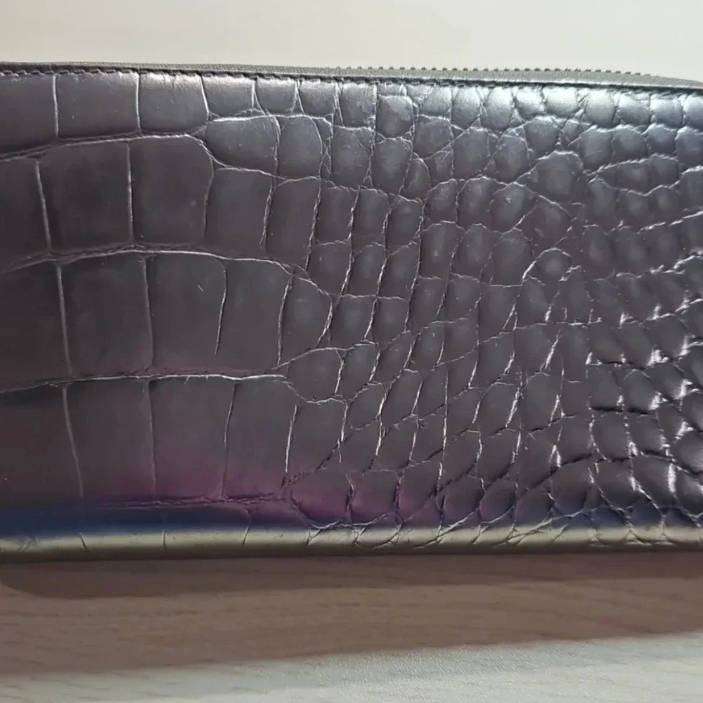 Tory Burch Leather Silver Metallic Croc Embossed Wallet